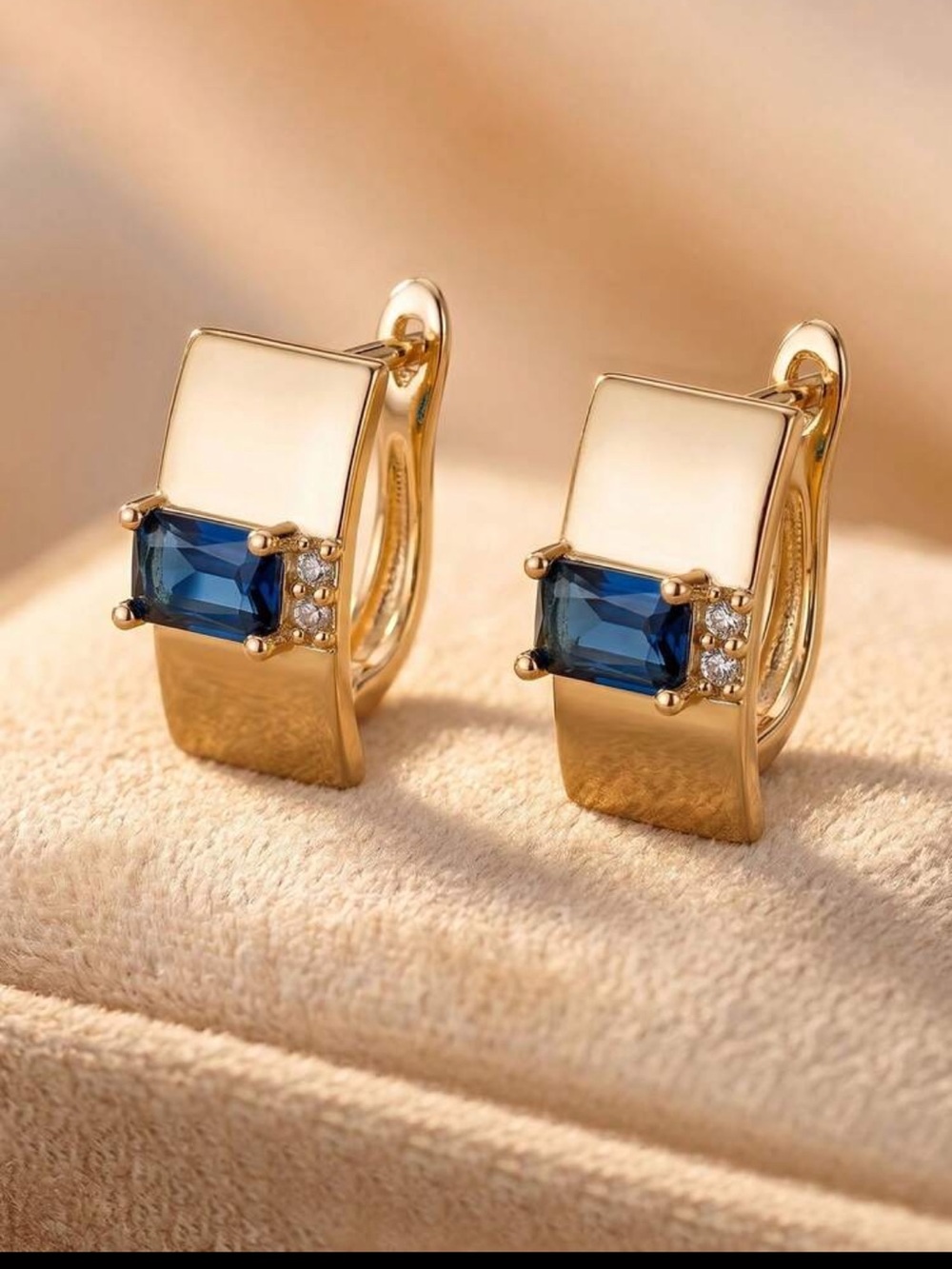 Gold Hoop Earrings with Blue Stone Accent - Women Jewelry